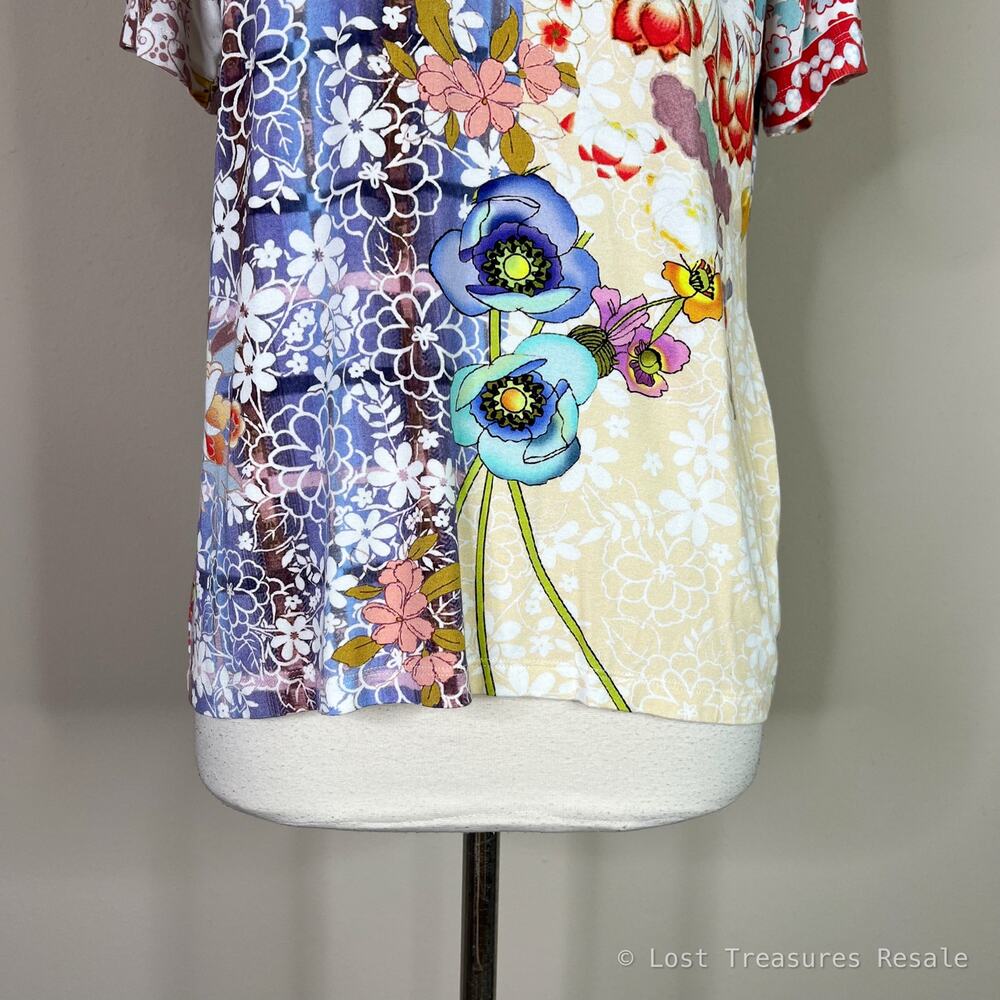 Johnny Was | Dragon Floral Mixed Print Short Sleeve Jersey Tee Multicolor Top XS - Picture 4 of 9